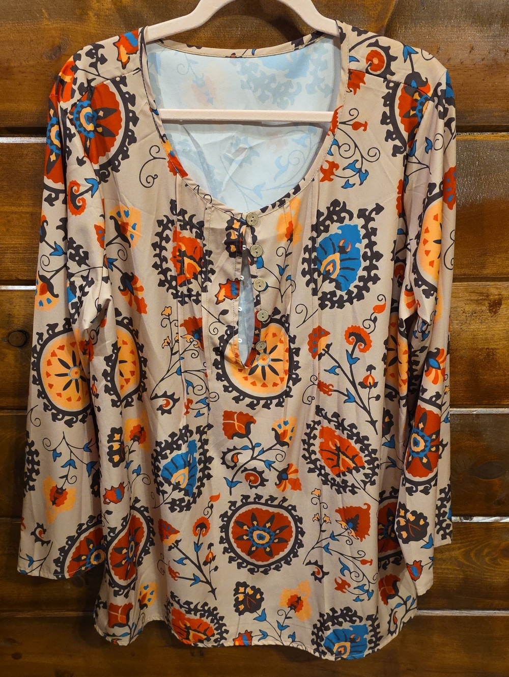 SHEIN Beige Long-Sleeve Henley Top with Red & Blue Medallions